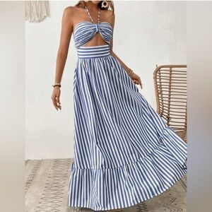 SHEIN Blue and White Strapless Dress